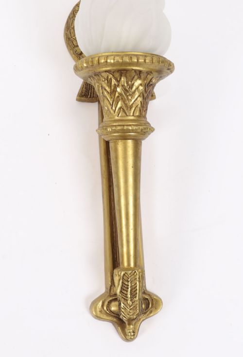 ANTIQUE PAIR NEOCLASSICAL ORMOLU GLASS FLAMING TORCH WALL LIGHTS C1920 - ADDITIONAL PHOTO 4