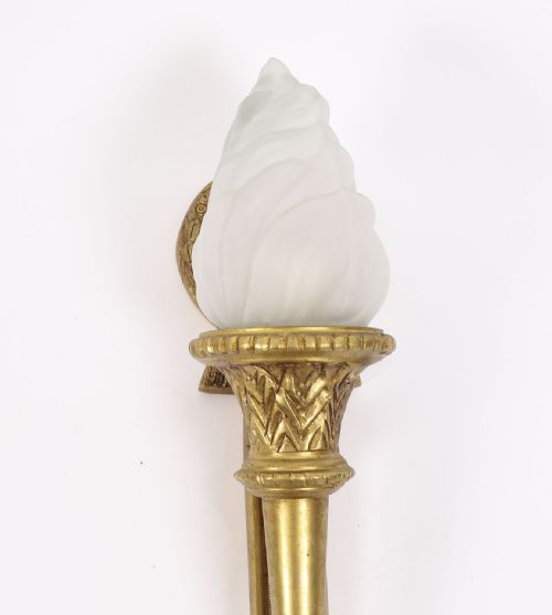 ANTIQUE PAIR NEOCLASSICAL ORMOLU GLASS FLAMING TORCH WALL LIGHTS C1920 - ADDITIONAL PHOTO 5