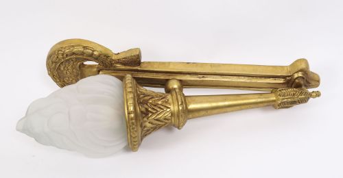 ANTIQUE PAIR NEOCLASSICAL ORMOLU GLASS FLAMING TORCH WALL LIGHTS C1920 - ADDITIONAL PHOTO 7