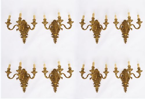 ANTIQUE SET OF 8 FRENCH GILT BRONZE ORMOLU WALL LIGHTS APPLIQUES CIRCA 1900