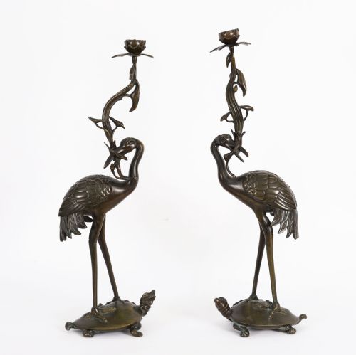 Antique Pair Japanese Bronze Pricket Candlesticks 19th C