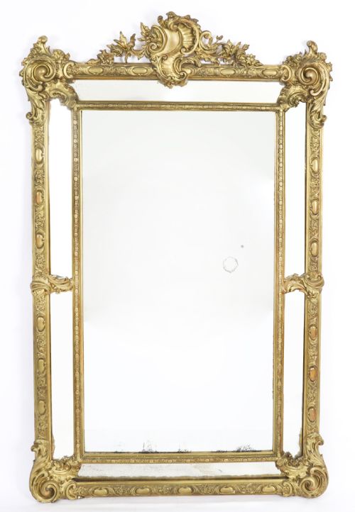 ANTIQUE GILTWOOD LOUIS REVIVAL OVERMANTEL CUSHION MIRROR C1860 169 X 105CM