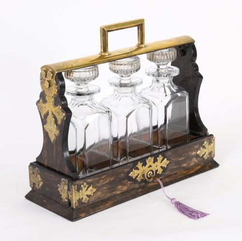 ANTIQUE VICTORIAN COROMANDE THREE CUT CRYSTAL DECANTER TANTALUS C1870