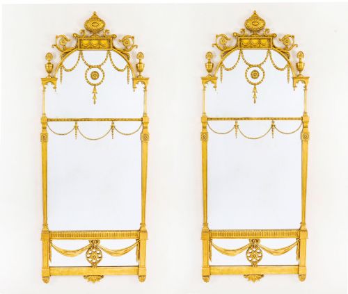 ANTIQUE PAIR 6FT GEORGE III ADAM REVIVAL GILTWOOD MIRRORS 19TH C 190 X 76CM