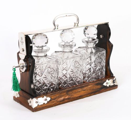 Antique Betjemann’s Coromandel 3 Crystal Decanter Tantalus Silver Hallmarks 1907