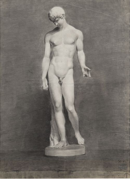fig 1. A monochrome charcoal drawing depicting a classical male nude sculpture in a black and gold frame with a cream mount.