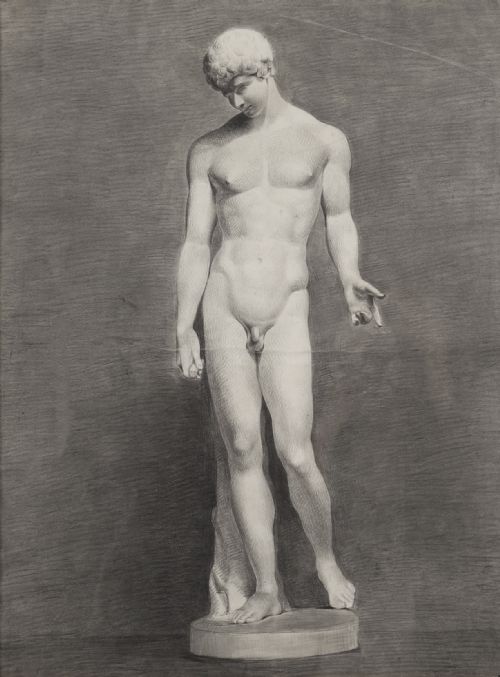 fig 2. A monochrome charcoal drawing depicting a classical male nude sculpture in a black and gold frame with a cream mount.