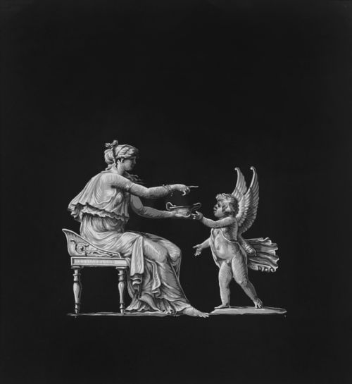 fig 1. A framed monochrome 19th-century gouache painting depicting the mythological figures Venus seated on a classical stool and Cupid standing before her.