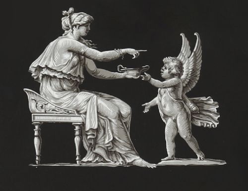 fig 2. A framed monochrome 19th-century gouache painting depicting the mythological figures Venus seated on a classical stool and Cupid standing before her.