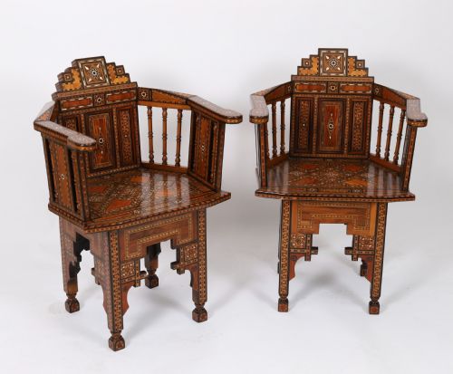 Antique Pair Syrian Parquetry Inlaid Armchairs 19th C