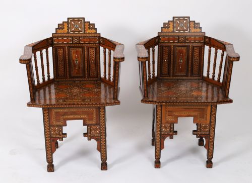 fig 1. Antique Pair Syrian Parquetry Inlaid armchairs 19th C