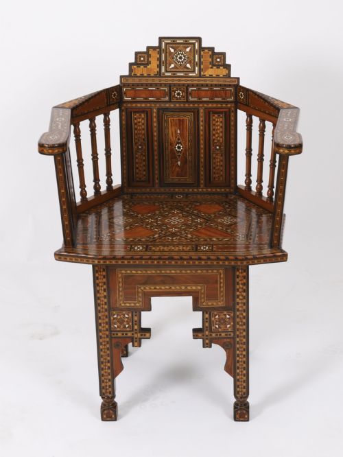 fig 2. Antique Pair Syrian Parquetry Inlaid armchairs 19th C