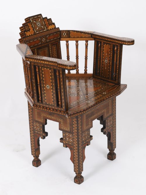 fig 3. Antique Pair Syrian Parquetry Inlaid armchairs 19th C