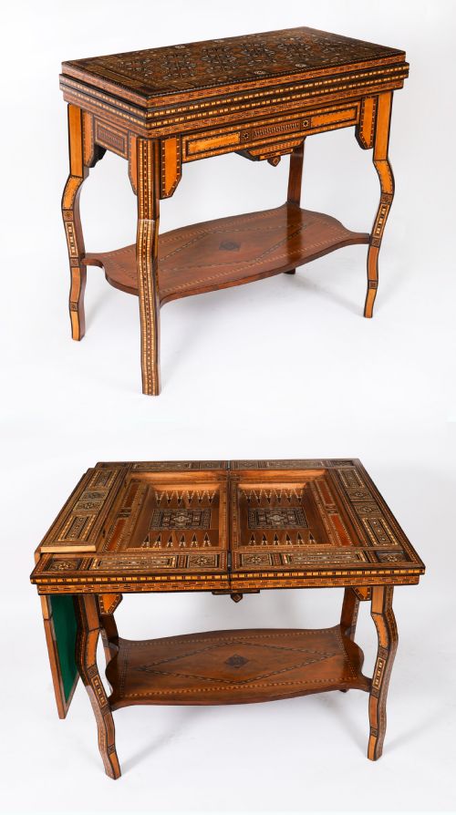 Antique Damascus Syrian Inlaid Card, Chess, Backgammon, Games Table 19th C