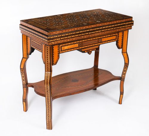 fig 1. Antique Damascus Syrian Inlaid Card, Chess, Backgammon, Games table 19th C