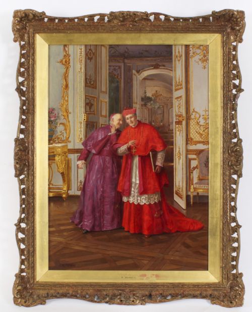 Antique Oil Painting "Confidences" Renato Moretti 19th Century