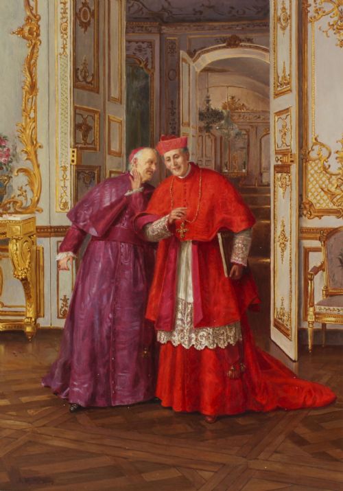 fig 1. A 19th-century oil painting depicting two Catholic clergymen in red and purple robes conversing inside an ornate room, enclosed in a carved gilt frame.