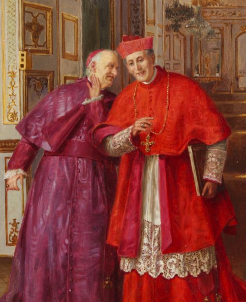 fig 3. A 19th-century oil painting depicting two Catholic clergymen in red and purple robes conversing inside an ornate room, enclosed in a carved gilt frame.
