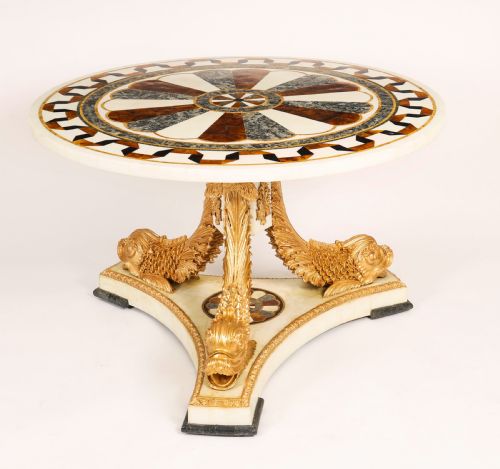 ANTIQUE MARBLE TOPPED NEOCLASSICAL DOLPHIN CENTRE TABLE 20TH CENTURY