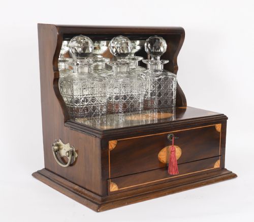 ANTIQUE THREE CUT CRYSTAL DECANTER INLAID MAHOGANY TANTALUS GAMES 19TH C