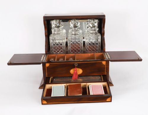 ANTIQUE THREE CUT CRYSTAL DECANTER INLAID MAHOGANY TANTALUS GAMES 19TH C - ADDITIONAL PHOTO 2