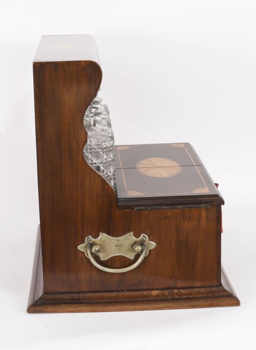ANTIQUE THREE CUT CRYSTAL DECANTER INLAID MAHOGANY TANTALUS GAMES 19TH C - ADDITIONAL PHOTO 3