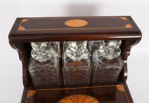 ANTIQUE THREE CUT CRYSTAL DECANTER INLAID MAHOGANY TANTALUS GAMES 19TH C - ADDITIONAL PHOTO 8