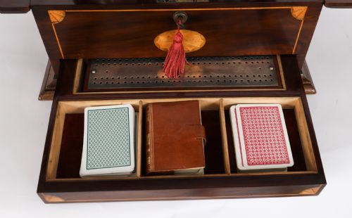 ANTIQUE THREE CUT CRYSTAL DECANTER INLAID MAHOGANY TANTALUS GAMES 19TH C - ADDITIONAL PHOTO 9
