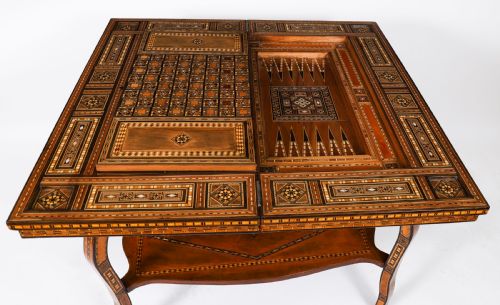 ANTIQUE INLAID CARD CHESS BACKGAMMON GAMES TABLE 19TH C - ADDITIONAL PHOTO 13