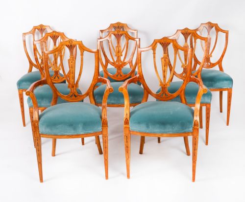 ANTIQUE SET 8 SHIELDBACK SATIN WOOD DINING CHAIRS COWTAN SONS 19TH C
