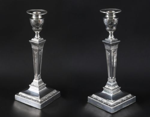 ANTIQUE PAIR SILVER PLATED NEO CLASSICAL CANDLESTICKS WALKER HALL 19TH C