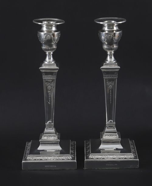 ANTIQUE PAIR SILVER PLATED NEO CLASSICAL CANDLESTICKS WALKER HALL 19TH C - ADDITIONAL PHOTO 1