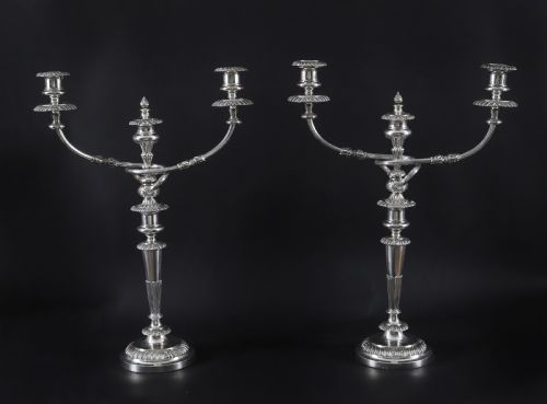 ANTIQUE PAIR LARGE GEORGE III THREE LIGHT CANDELABRA BY MATTHEW BOULTON 18TH C