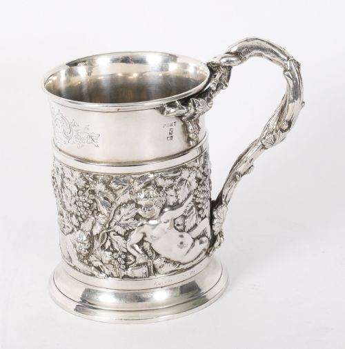 Antique Victorian Silver Plated Embossed and Engraved Mug G R Collis C1835