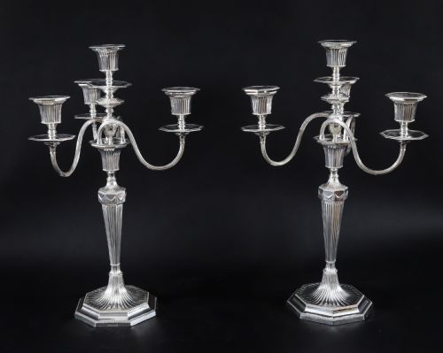 ANTIQUE PAIR SILVER PLATED 4 LIGHT CANDELABRA HAWKSWORTH EYRE 19THC