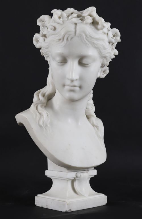 antique carrara marble bust of a grecian lady by eugene aizelin c1850 19th c - CATEGORY: ANTIQUE SCULPTURES - DATED 1850