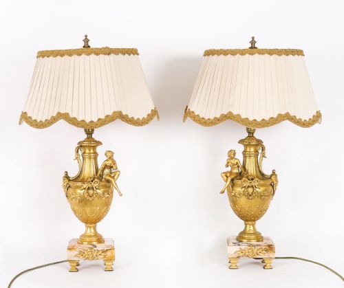 ANTIQUE PAIR NEOCLASSICAL ORMOLU PINK MARBLE TABLE LAMPS 20TH C