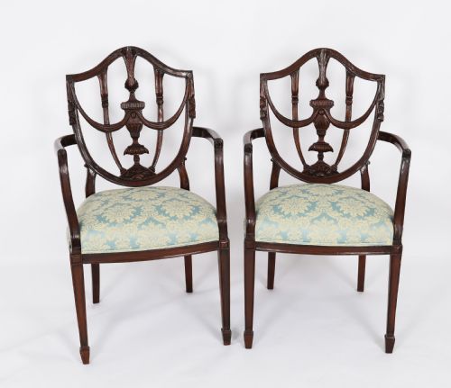 ANTIQUE PAIR FEDERAL REVIVAL SHIELD BACK ARMCHAIRS 20TH CENTURY
