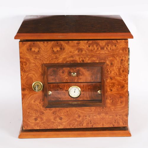 ANTIQUE BURR ELM FOUR DRAWER CIGAR HUMIDOR CABINET 20TH CENTURY - ADDITIONAL PHOTO 1