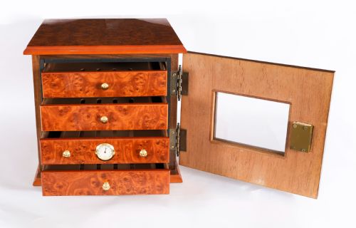 ANTIQUE BURR ELM FOUR DRAWER CIGAR HUMIDOR CABINET 20TH CENTURY - ADDITIONAL PHOTO 5