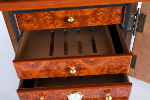 ANTIQUE BURR ELM FOUR DRAWER CIGAR HUMIDOR CABINET 20TH CENTURY - ADDITIONAL PHOTO 6