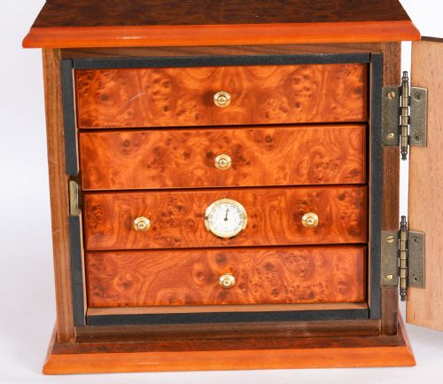 ANTIQUE BURR ELM FOUR DRAWER CIGAR HUMIDOR CABINET 20TH CENTURY - ADDITIONAL PHOTO 9