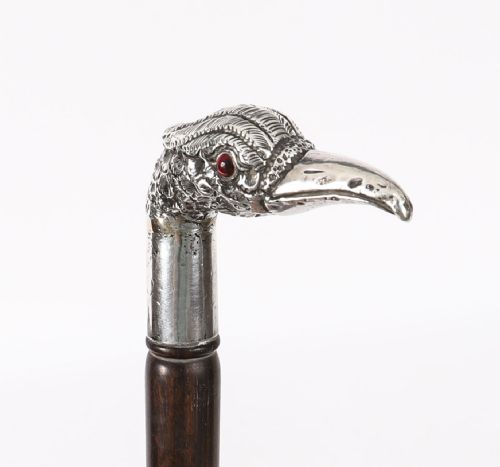 fig 2. An antique silver walking stick handle sculpted in the form of a pheasant head with a red glass eye atop a dark wooden shaft.