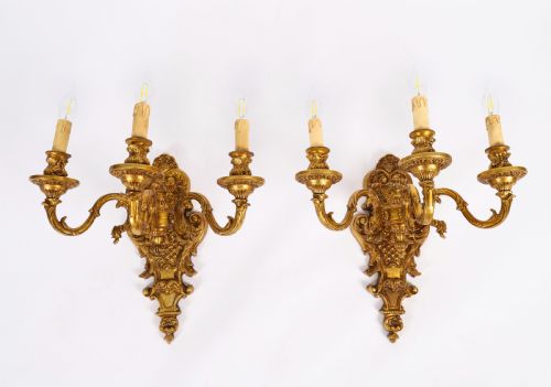ANTIQUE PAIR FRENCH GILT BRONZE ORMOLU WALL LIGHTS APPLIQUES CIRCA 1900