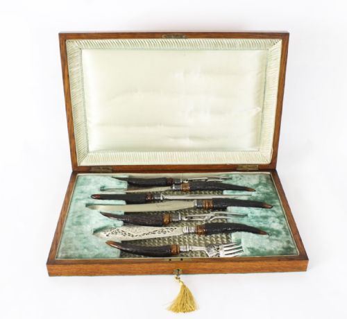 Antique English Victorian Silver Plated Antler Horn Carving Serving Set 19th C