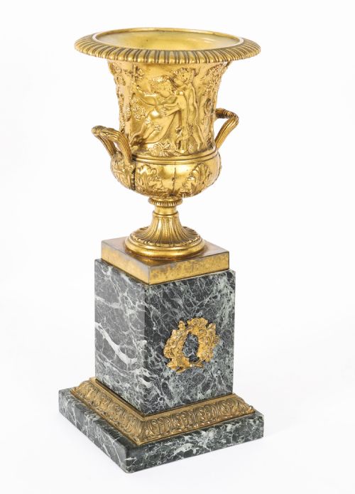 ANTIQUE PAIR FRENCH GRAND TOUR GILT BRONZE MATBLE URNS 19TH C - ADDITIONAL PHOTO 1