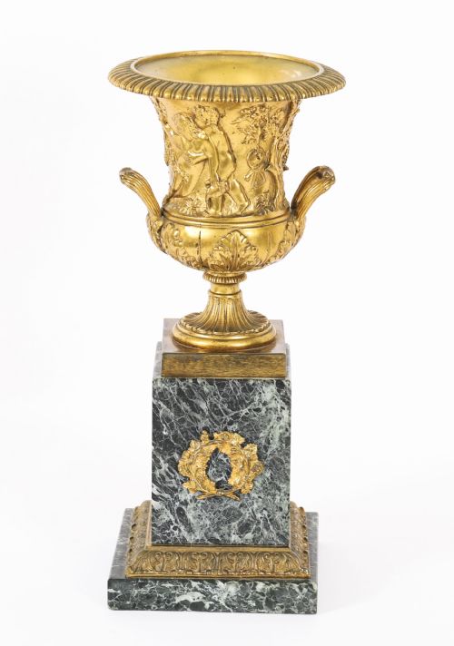 ANTIQUE PAIR FRENCH GRAND TOUR GILT BRONZE MATBLE URNS 19TH C - ADDITIONAL PHOTO 2
