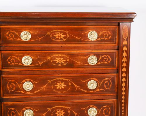fig 4. An Edwardian mahogany Wellington chest featuring eight inlaid drawers, satinwood floral motifs, a right-side locking stile, and brass handles.