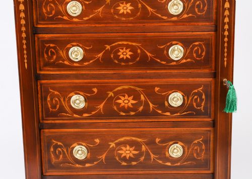 fig 7. An Edwardian mahogany Wellington chest featuring eight inlaid drawers, satinwood floral motifs, a right-side locking stile, and brass handles.