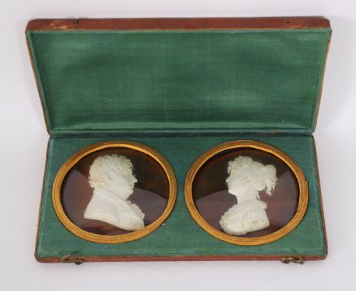 Antique Pair of Framed Grand Tour Wax Portrait Reliefs 19th C